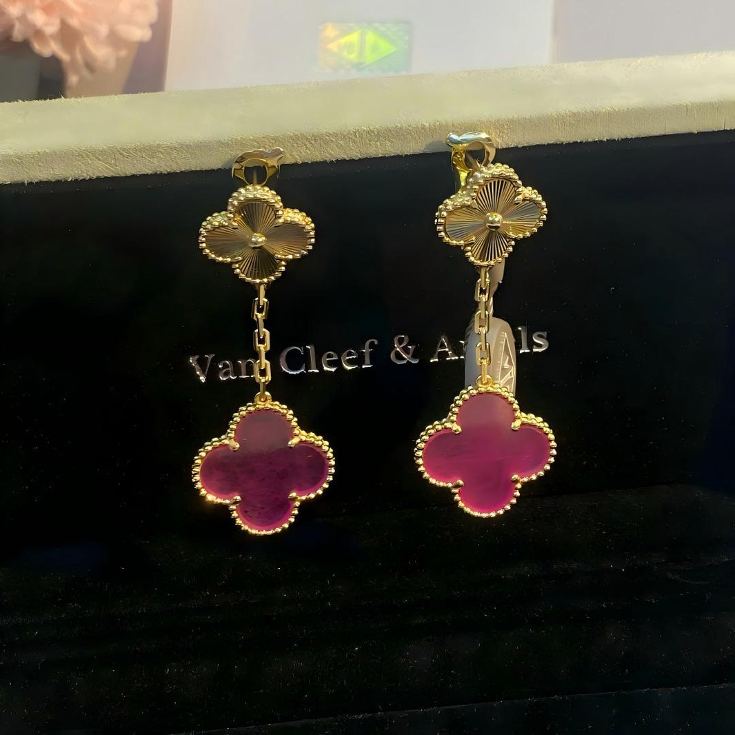 [LOXURA]NEW CLOVER 2 MOTIF PINK ENAMEL EARRINGS