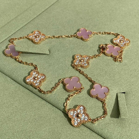 [LOXURA]CLOVER 10 MOTIFS DIAMOND PINK MOP NECKLACE