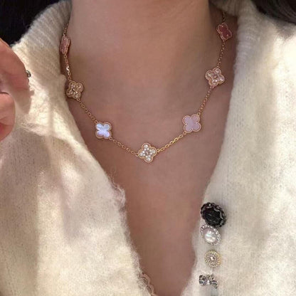 [LOXURA]CLOVER 10 MOTIFS DIAMOND PINK MOP NECKLACE