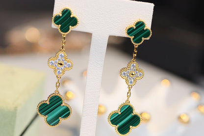 [LOXURA]CLOVER EARRINGS GOLD MALACHITE DIAMOND 3 MOTIF
