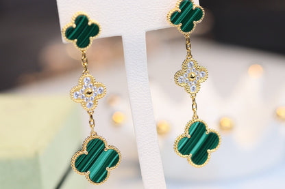 [LOXURA]CLOVER EARRINGS GOLD MALACHITE DIAMOND 3 MOTIF