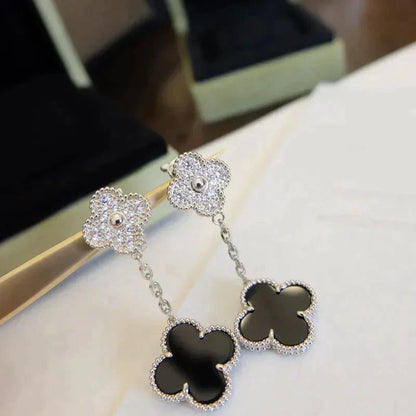 [LOXURA]CLOVER 2 MOTIFS  DIAMOND ONYX EARRINGS SILVER