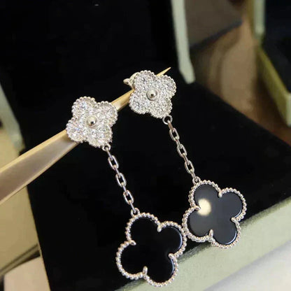 [LOXURA]CLOVER 2 MOTIFS  DIAMOND ONYX EARRINGS SILVER