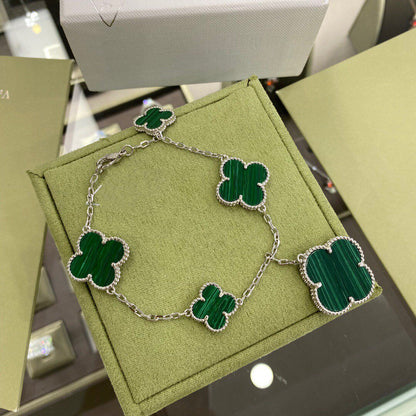 [LOXURA]CLOVER 5 MOTIFS SIVLER MALACHITE BRACELET