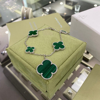 [LOXURA]CLOVER 5 MOTIFS SIVLER MALACHITE BRACELET
