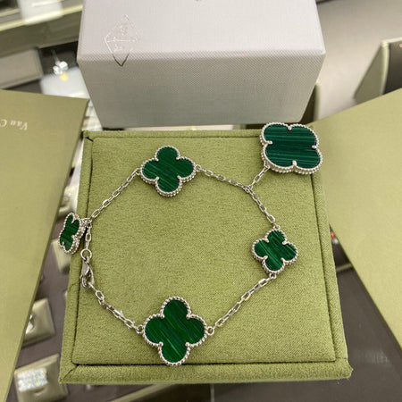 [LOXURA]CLOVER 5 MOTIFS SIVLER MALACHITE BRACELET