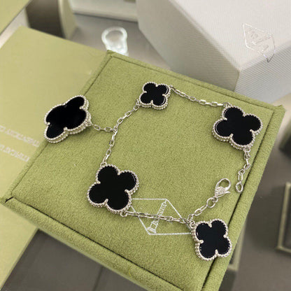[LOXURA]CLOVER 5 MOTIFS SIVLER ONYX BRACELET