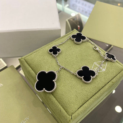[LOXURA]CLOVER 5 MOTIFS SIVLER ONYX BRACELET