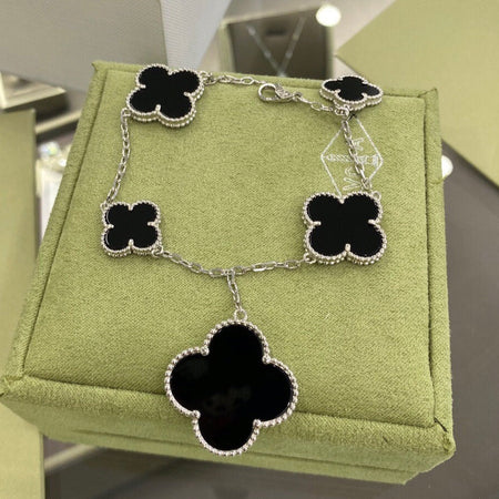 [LOXURA]CLOVER 5 MOTIFS SIVLER ONYX BRACELET