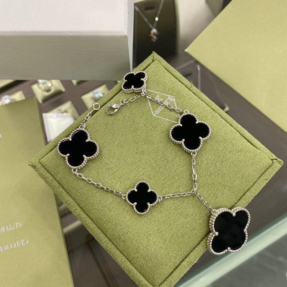 [LOXURA]CLOVER 5 MOTIFS SIVLER ONYX BRACELET