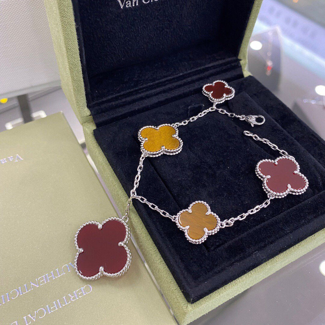 [LOXURA]CLOVER 5 MOTIFS SIVLER CARNELIAN TIGER EYE BRACELET