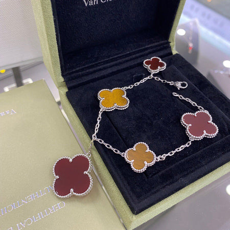 [LOXURA]CLOVER 5 MOTIFS SIVLER CARNELIAN TIGER EYE BRACELET