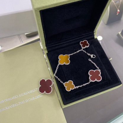 [LOXURA]CLOVER 5 MOTIFS SIVLER CARNELIAN TIGER EYE BRACELET