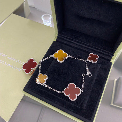 [LOXURA]CLOVER 5 MOTIFS SIVLER CARNELIAN TIGER EYE BRACELET