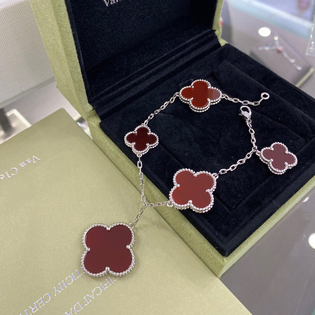 [LOXURA]CLOVER 5 MOTIFS SIVLER CARNELIAN BRACELET