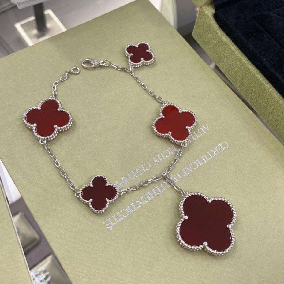 [LOXURA]CLOVER 5 MOTIFS SIVLER CARNELIAN BRACELET