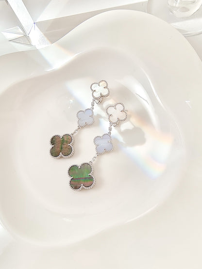 [LOXURA]CLOVER 3 MOTIFS CHALCEDONY DARK MOP SILVER EARRINGS