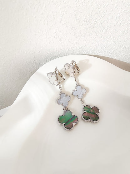 [LOXURA]CLOVER 3 MOTIFS CHALCEDONY DARK MOP SILVER EARRINGS