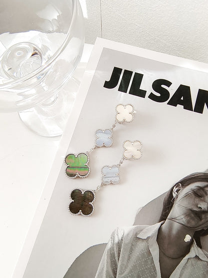 [LOXURA]CLOVER 3 MOTIFS CHALCEDONY DARK MOP SILVER EARRINGS