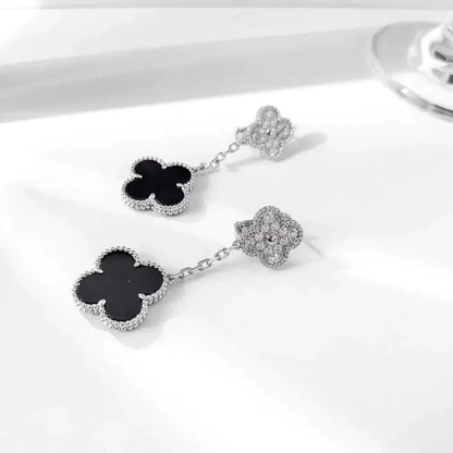 [LOXURA]CLOVER 2 MOTIFS  DIAMOND ONYX EARRINGS SILVER