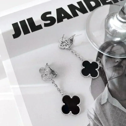 [LOXURA]CLOVER 2 MOTIFS  DIAMOND ONYX EARRINGS SILVER