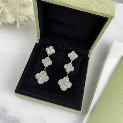 [LOXURA]CLOVER 3 MOTIF DIAMOND SILVER DROP EARRINGS