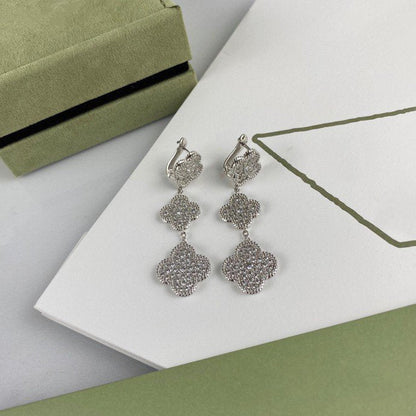 [LOXURA]CLOVER 3 MOTIF DIAMOND SILVER DROP EARRINGS