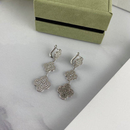 [LOXURA]CLOVER 3 MOTIF DIAMOND SILVER DROP EARRINGS