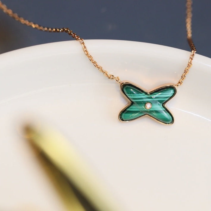 [LOXURA]JEUX MALACHITE 1 DIAMOND PINK GOLD NECKLACE