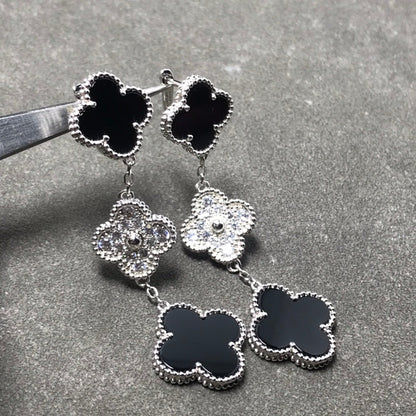 [LOXURA]CLOVER 3 MOTIF DIAMOND ONYX SILVER EARRINGS