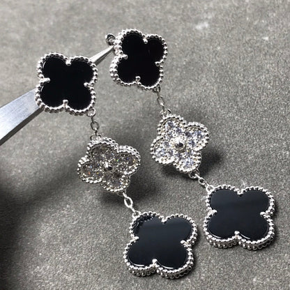 [LOXURA]CLOVER 3 MOTIF DIAMOND ONYX SILVER EARRINGS