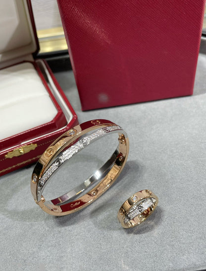 [LOXURA]LOVE PINK GOLD SILVER DIAMOND DOUBLE RING