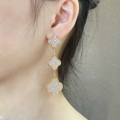 [LOXURA]CLOVER 3 MOTIFS DIAMOND PAVED ROSE GOLD EARRINGS