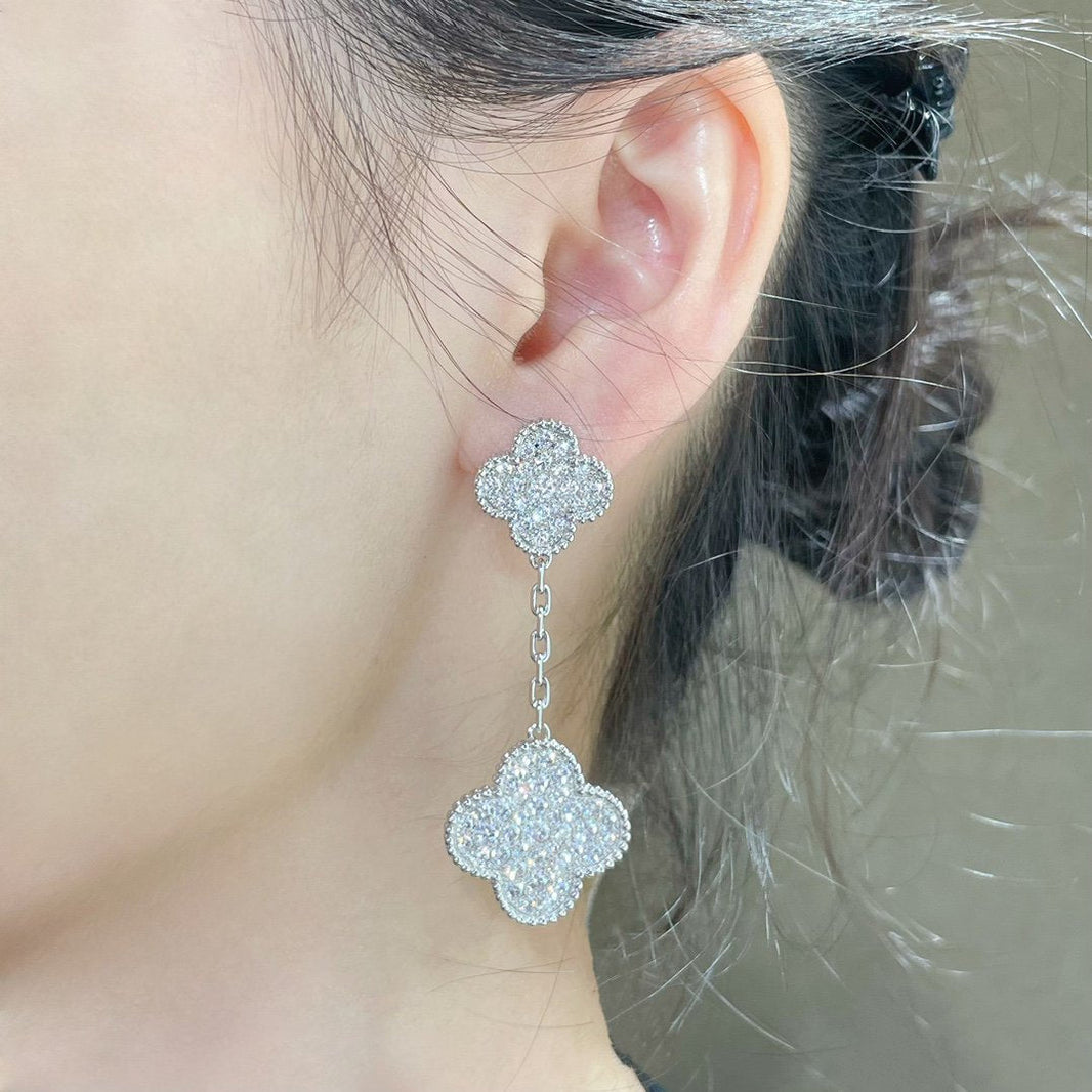 [LOXURA]CLOVER 2 MOTIFS DIAMOND PAVED SILVER EARRINGS