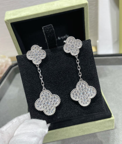 [LOXURA]CLOVER 2 MOTIFS DIAMOND PAVED SILVER EARRINGS