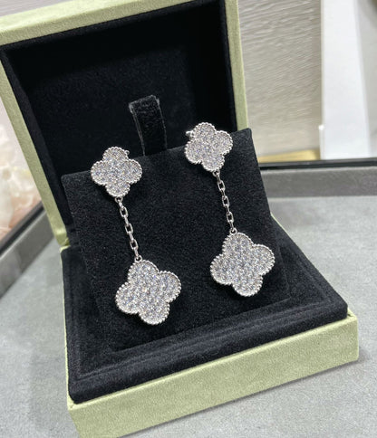 [LOXURA]CLOVER 2 MOTIFS DIAMOND PAVED SILVER EARRINGS