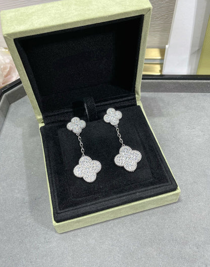 [LOXURA]CLOVER 2 MOTIFS DIAMOND PAVED SILVER EARRINGS