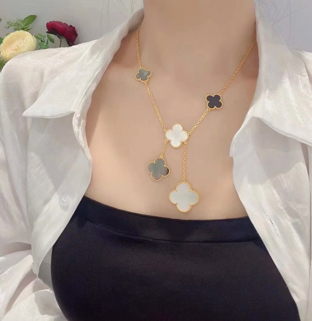 [LOXURA]CLOVER 6 MOTIF MOP ONYX GOLD NECKLACE
