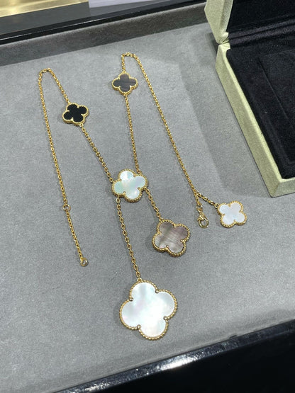 [LOXURA]CLOVER 6 MOTIF MOP ONYX GOLD NECKLACE