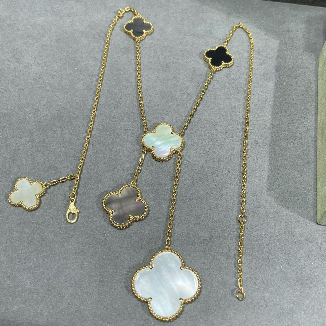 [LOXURA]CLOVER 6 MOTIF MOP ONYX GOLD NECKLACE