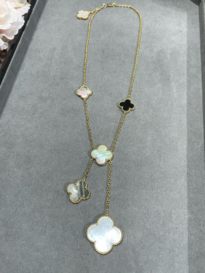 [LOXURA]CLOVER 6 MOTIF MOP ONYX GOLD NECKLACE