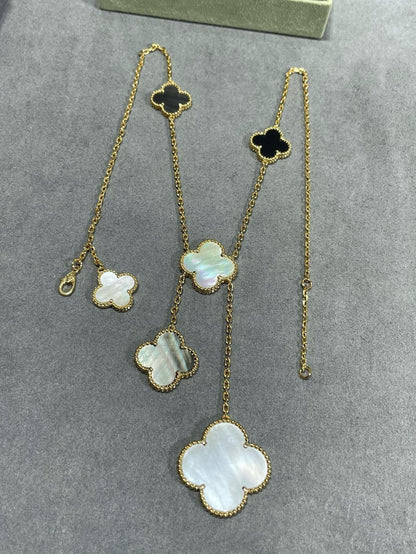 [LOXURA]CLOVER 6 MOTIF MOP ONYX GOLD NECKLACE