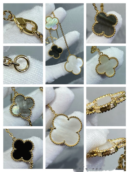 [LOXURA]CLOVER 6 MOTIF MOP ONYX GOLD NECKLACE