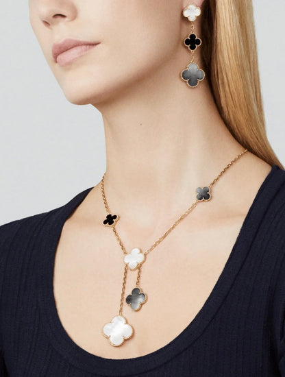 [LOXURA]CLOVER 3 MOTIF MOP ONYX DARK MOP PINK GOLD EARRINGS