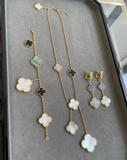 [LOXURA]CLOVER 3 MOTIF MOP ONYX DARK MOP PINK GOLD EARRINGS