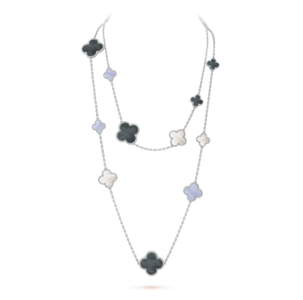 [LOXURA]CLOVER 16 MOTIF CHALCEDONY MOP SILVER NECKLACE