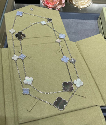 [LOXURA]CLOVER 16 MOTIF CHALCEDONY MOP SILVER NECKLACE