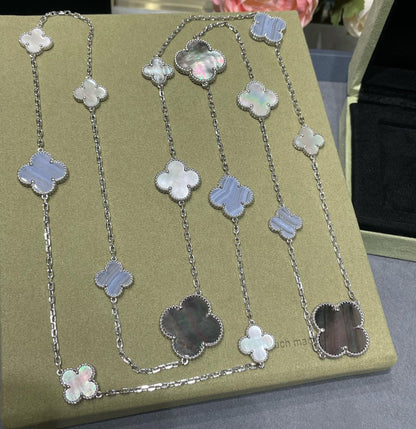 [LOXURA]CLOVER 16 MOTIF CHALCEDONY MOP SILVER NECKLACE