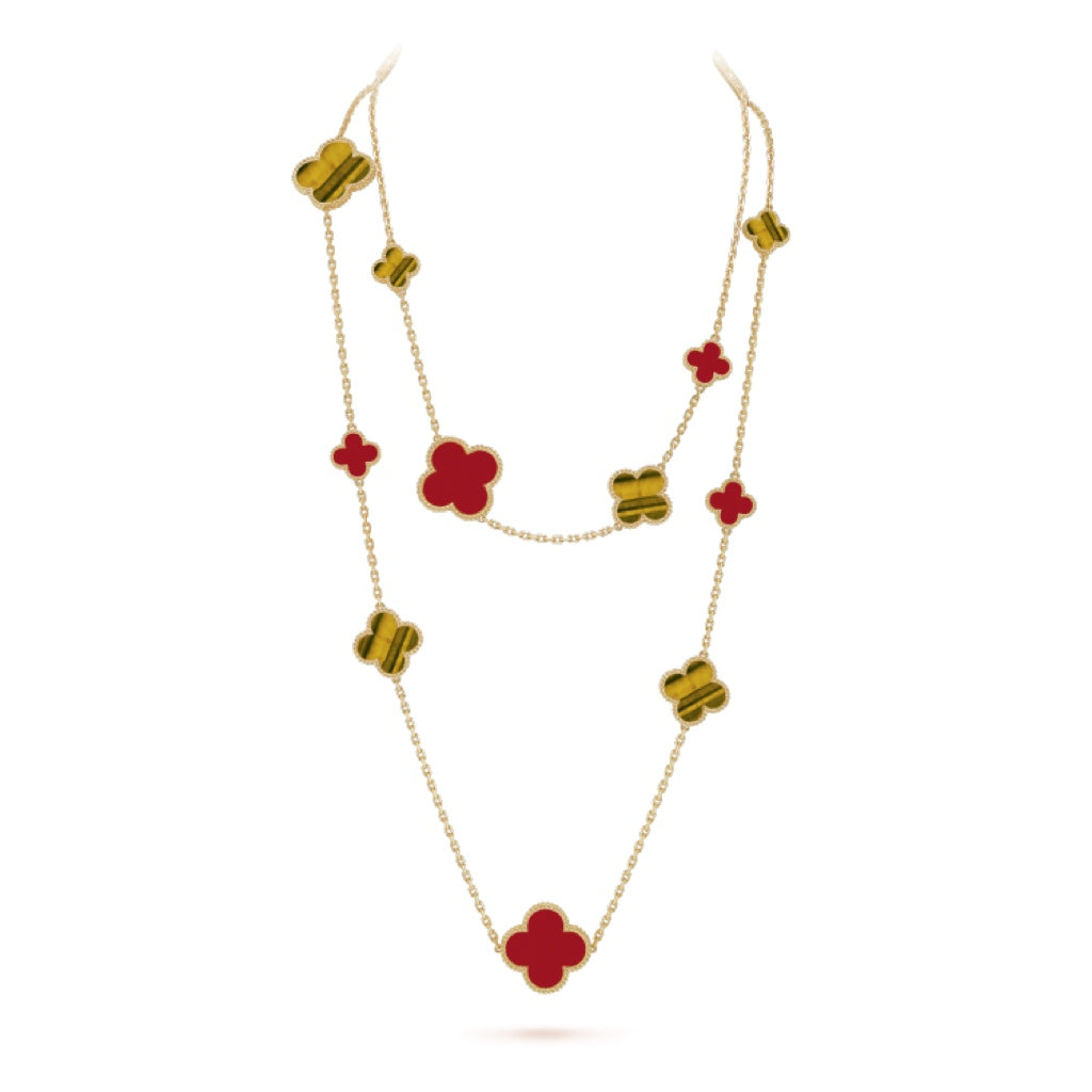 [LOXURA]CLOVER 16 MOTIF CARNELIAN TIGER EYE ROSE GOLD NECKLACE