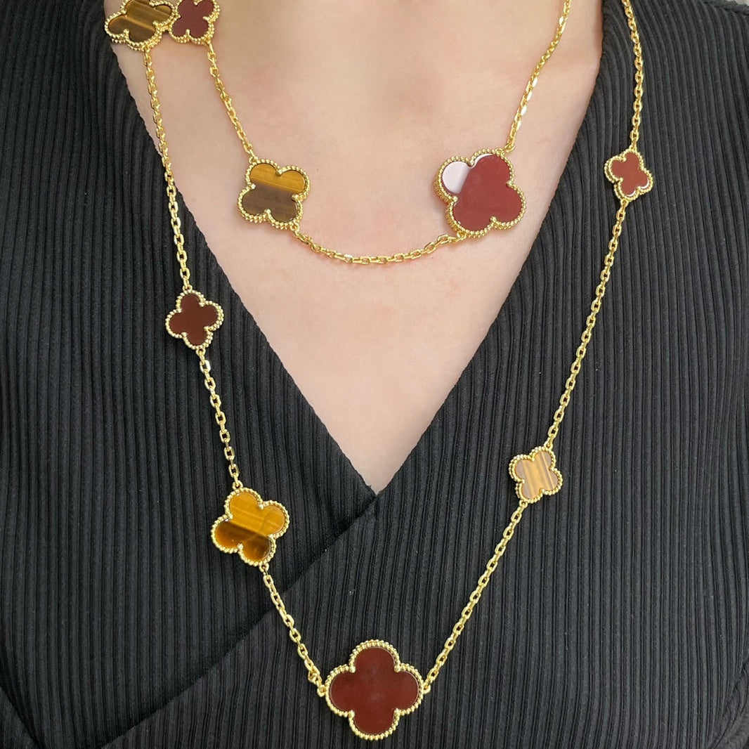 [LOXURA]CLOVER 16 MOTIF CARNELIAN TIGER EYE ROSE GOLD NECKLACE